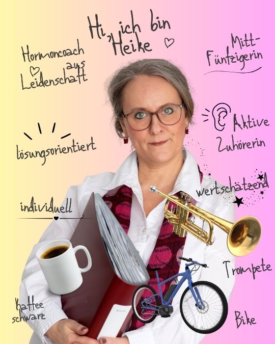 Heike Ferg, Hormoncoach und psychologische Beraterin, im Portrait mit handschriftlichen Notizen zu Hormonen, Psyche und emotionalen Zusammenhängen